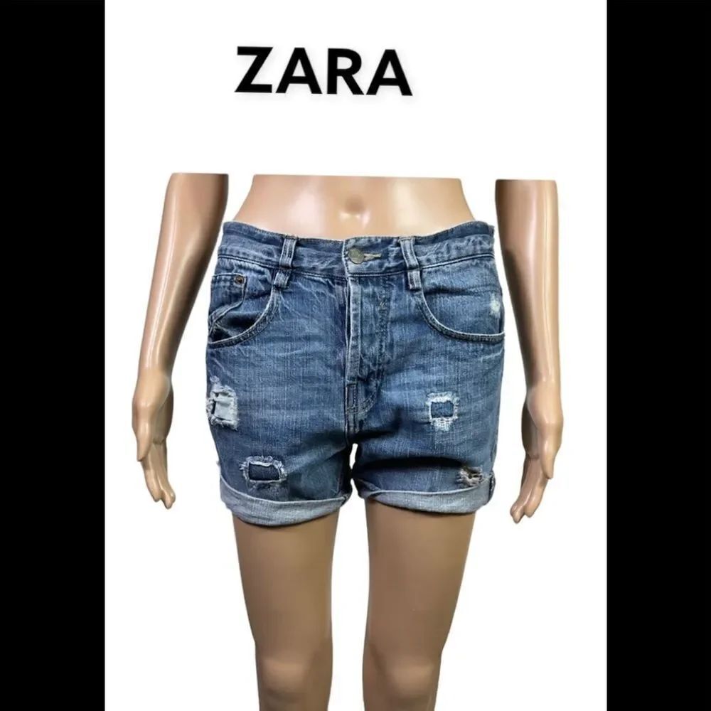 Zara Trafaluc Medium Wash High Rise Denim Distressed Button Fly Jean Shorts 2